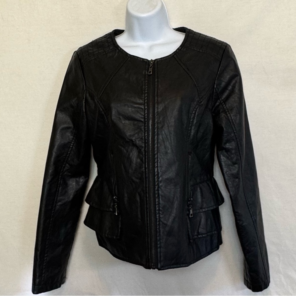 B-4 Dollhouse Black Ruffled Zip up Vegan Leather Jacket Size S